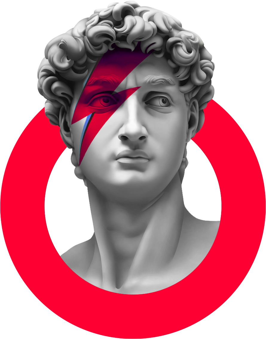 Popiersie Davida dłuta Michała Anioła z makeupem w stylu Davida Bowie